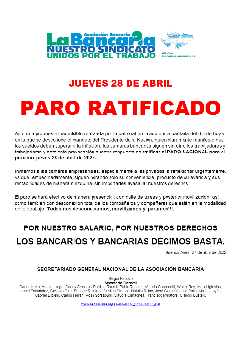 Paroratificadolabancaria - Diario El Cuco Digital todas las noticias del Valle de Uco Paro-ratificado-la-bancaria