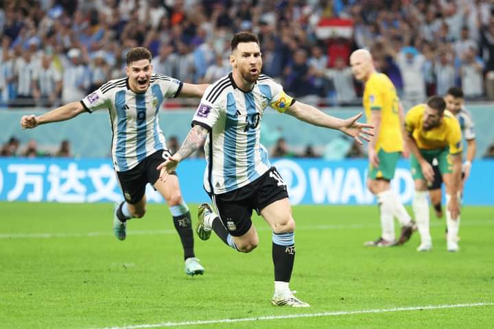 DOHA, QATAR - DECEMBER 03: Lionel Messi of Argentina- celebrates after scoring the team's first goal during the FIFA World Cup Qatar 2022 Round of 16 match between Argentina and Australia at Ahmad Bin Ali Stadium on December 03, 2022 in Doha, Qatar. (Photo by Francois Nel/Getty Images)